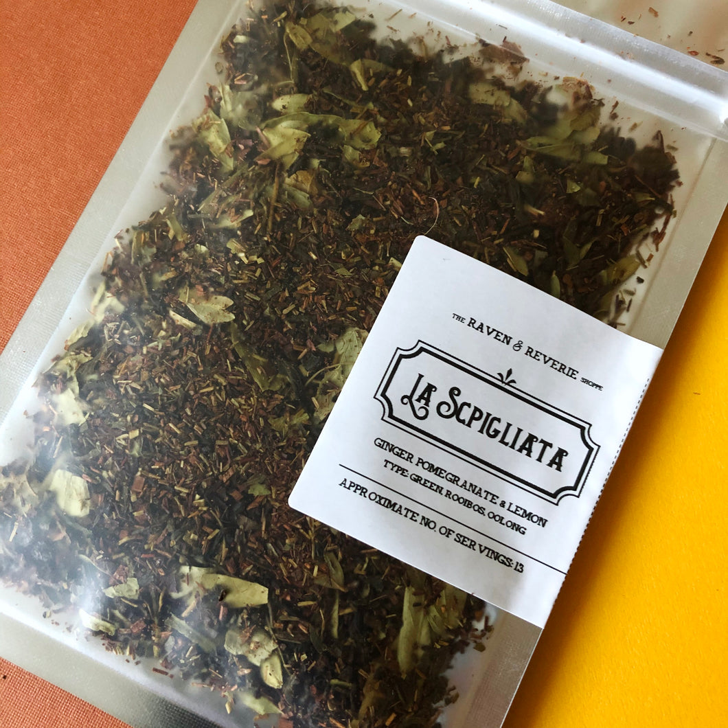 La Scpigliata tea - ginger pomegranate and lemon green rooibos and oolong blend